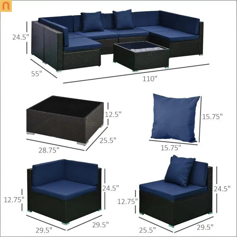 Outdoor 7 Piece PE Rattan Sectional Sofa Set Dark Blue