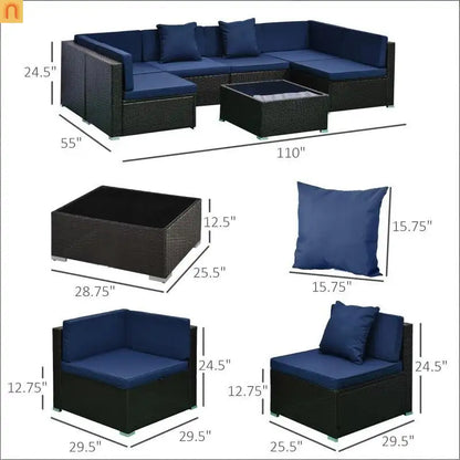 Outdoor 7 Piece PE Rattan Sectional Sofa Set Dark Blue
