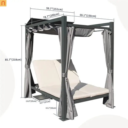 Outdoor Double Chaise Lounge Daybed Aluminum Retractable Canopy