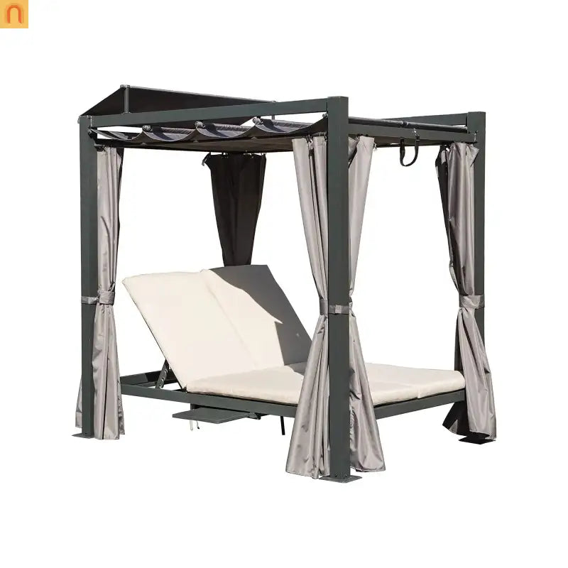 Outdoor Double Chaise Lounge Daybed Aluminum Retractable Canopy