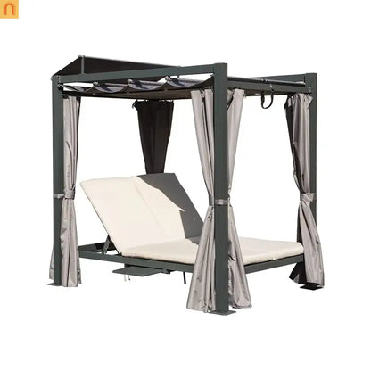Outdoor Double Chaise Lounge Daybed Aluminum Retractable Canopy