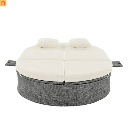 Chaise Lounge PE Rattan Iron Beige Cushion 3 Position Side Trays 2 Person