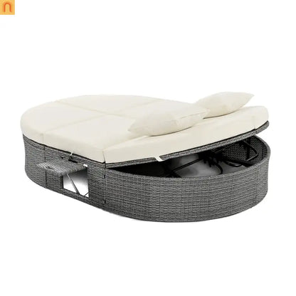 Chaise Lounge PE Rattan Iron Beige Cushion 3 Position Side Trays 2 Person