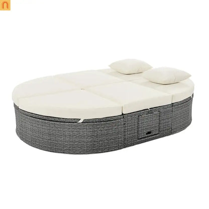 Chaise Lounge PE Rattan Iron Beige Cushion 3 Position Side Trays 2 Person