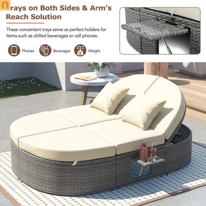 Chaise Lounge PE Rattan Iron Beige Cushion 3 Position Side Trays 2 Person