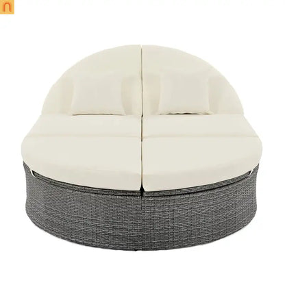 Chaise Lounge PE Rattan Iron Beige Cushion 3 Position Side Trays 2 Person