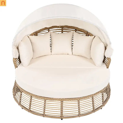 Chaise Lounge PE Rattan Iron Beige Canopy Round Daybed 800 LB