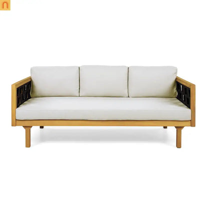 Outdoor Daybed Set Acacia Wood Teak 3 Seater Light Gray Rope Table