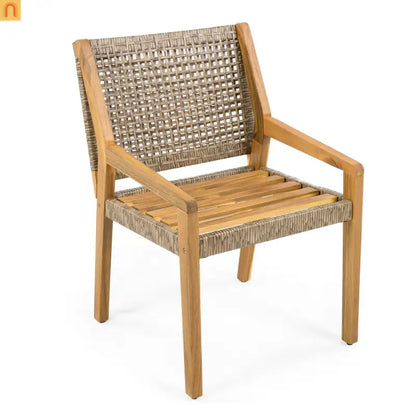 Outdoor Dining Chair Acacia Wood Wicker Teak Brown Cream Cushion 400 LB