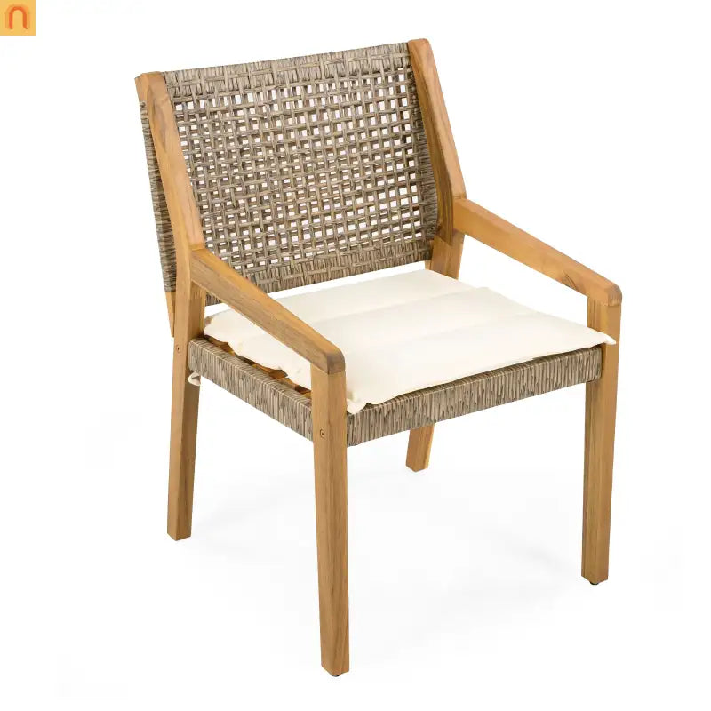 Outdoor Dining Chair Acacia Wood Wicker Teak Brown Cream Cushion 400 LB