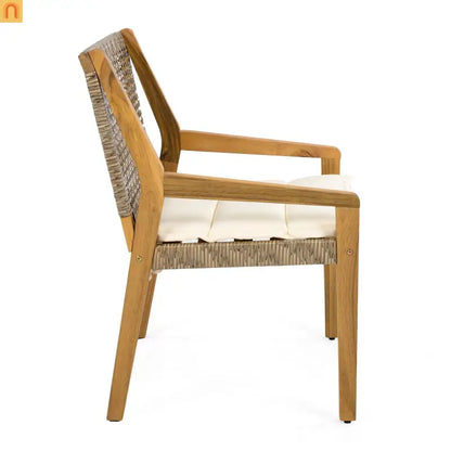Outdoor Dining Chair Acacia Wood Wicker Teak Brown Cream Cushion 400 LB