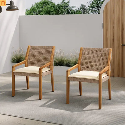 Outdoor Dining Chair Acacia Wood Wicker Teak Brown Cream Cushion 400 LB