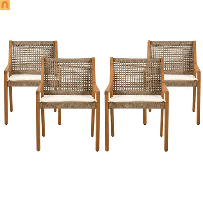 Outdoor Dining Chair Acacia Wood Wicker Teak Brown Cream Cushion 400 LB