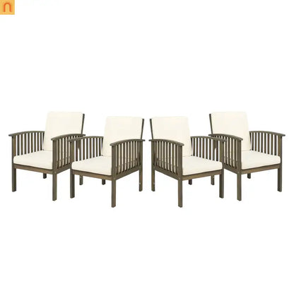 Outdoor Dining Chair Set 4 Acacia Wood Gray Cushion