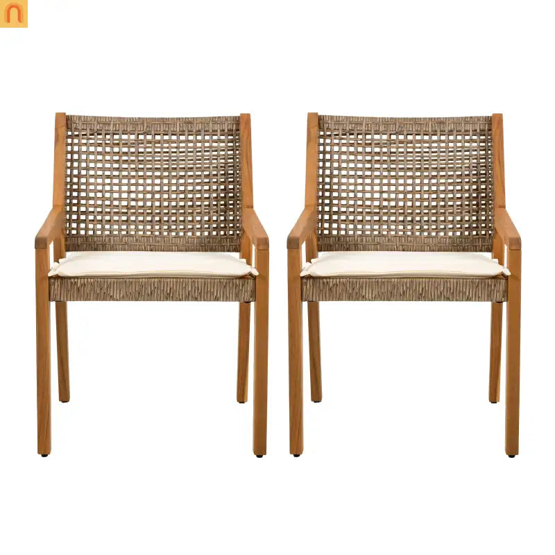 Outdoor Dining Chair Acacia Wood Wicker Teak Cream Cushion 400 LB Set 2