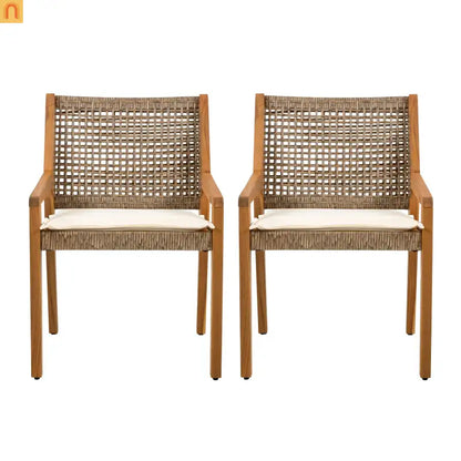 Outdoor Dining Chair Acacia Wood Wicker Teak Cream Cushion 400 LB Set 2