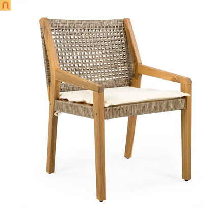Outdoor Dining Chair Acacia Wood Wicker Teak Cream Cushion 400 LB Set 2