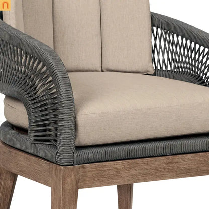 Outdoor Dining Chair Eucalyptus Wood Brown Gray Rope Cushion No Assembly