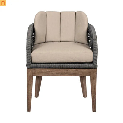 Outdoor Dining Chair Eucalyptus Wood Brown Gray Rope Cushion No Assembly