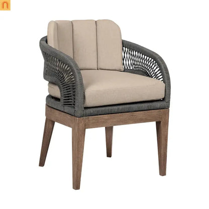 Outdoor Dining Chair Eucalyptus Wood Brown Gray Rope Cushion No Assembly