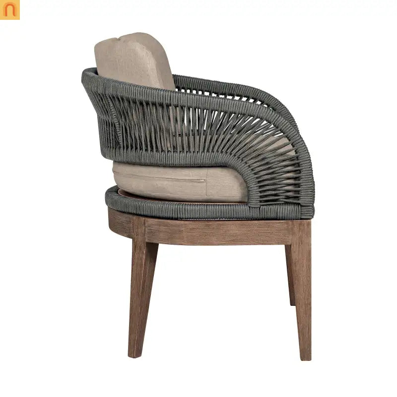 Outdoor Dining Chair Eucalyptus Wood Brown Gray Rope Cushion No Assembly