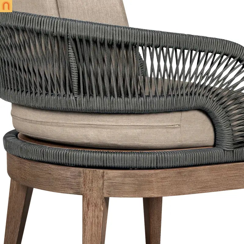 Outdoor Dining Chair Eucalyptus Wood Brown Gray Rope Cushion No Assembly