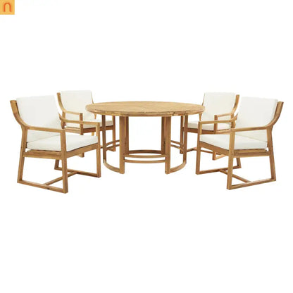 Outdoor Dining Set Acacia Wood Light Teak Beige Cushions 5 Piece Seats 4