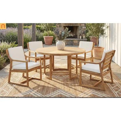 Outdoor Dining Set Acacia Wood Light Teak Beige Cushions 5 Piece Seats 4