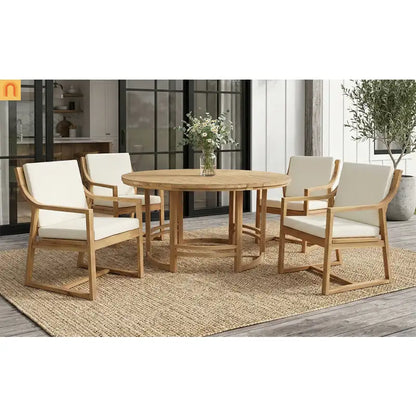 Outdoor Dining Set Acacia Wood Light Teak Beige Cushions 5 Piece Seats 4