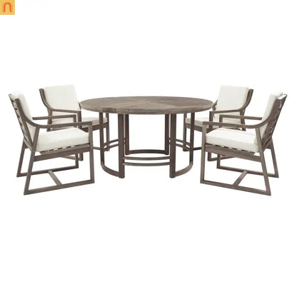 Outdoor Dining Set Acacia Wood Beige Cushions 5 Piece Umbrella Hole