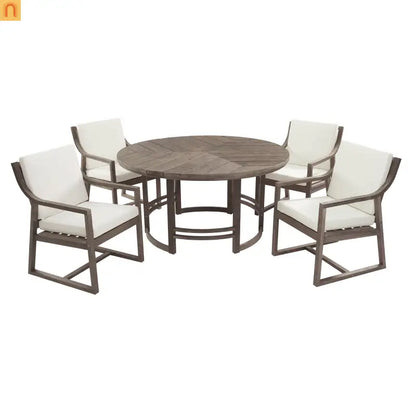 Outdoor Dining Set Acacia Wood Beige Cushions 5 Piece Umbrella Hole