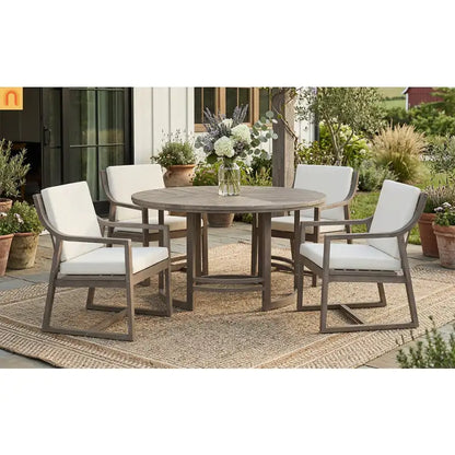 Outdoor Dining Set Acacia Wood Beige Cushions 5 Piece Umbrella Hole