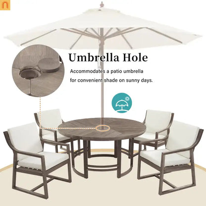 Outdoor Dining Set Acacia Wood Beige Cushions 5 Piece Umbrella Hole
