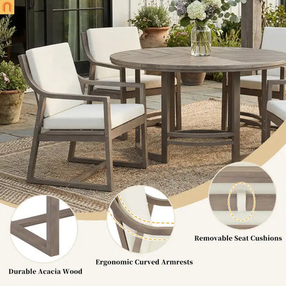 Outdoor Dining Set Acacia Wood Beige Cushions 5 Piece Umbrella Hole