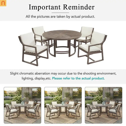 Outdoor Dining Set Acacia Wood Beige Cushions 5 Piece Umbrella Hole