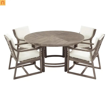 Outdoor Dining Set Acacia Wood Beige Cushions 5 Piece Umbrella Hole