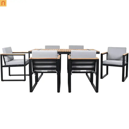 Outdoor Dining Set Acacia Wood Steel Gray Cushion 7 Piece Umbrella Hole