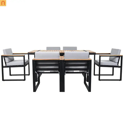 Outdoor Dining Set Acacia Wood Steel Gray Cushion 7 Piece Umbrella Hole