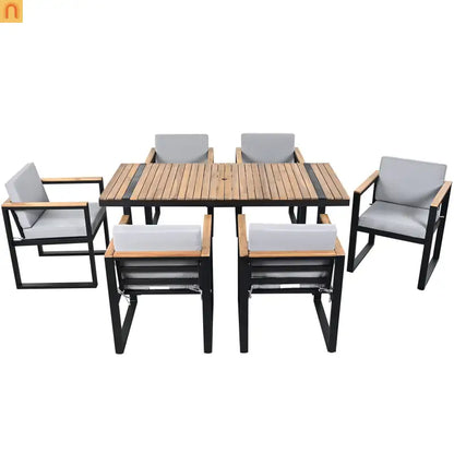 Outdoor Dining Set Acacia Wood Steel Gray Cushion 7 Piece Umbrella Hole