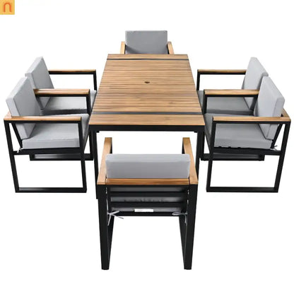 Outdoor Dining Set Acacia Wood Steel Gray Cushion 7 Piece Umbrella Hole