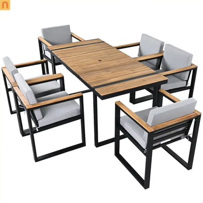 Outdoor Dining Set Acacia Wood Steel Gray Cushion 7 Piece Umbrella Hole