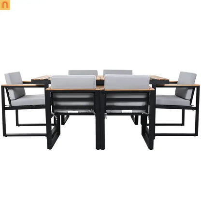 Outdoor Dining Set Acacia Wood Steel Gray Cushion 7 Piece Umbrella Hole