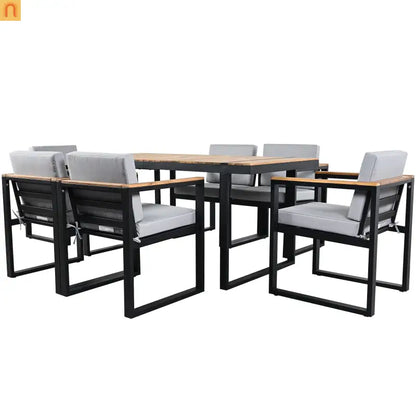 Outdoor Dining Set Acacia Wood Steel Gray Cushion 7 Piece Umbrella Hole
