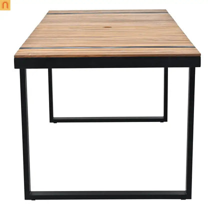 Outdoor Dining Set Acacia Wood Steel Gray Cushion 7 Piece Umbrella Hole