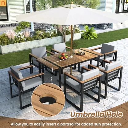 Outdoor Dining Set Acacia Wood Steel Gray Cushion 7 Piece Umbrella Hole