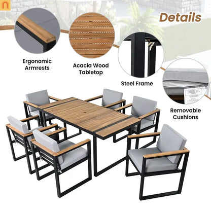Outdoor Dining Set Acacia Wood Steel Gray Cushion 7 Piece Umbrella Hole