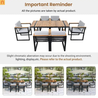 Outdoor Dining Set Acacia Wood Steel Gray Cushion 7 Piece Umbrella Hole