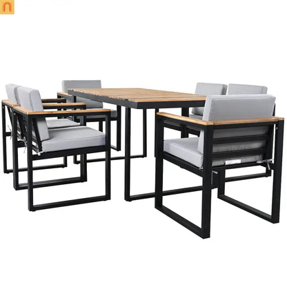 Outdoor Dining Set Acacia Wood Steel Gray Cushion 7 Piece Umbrella Hole