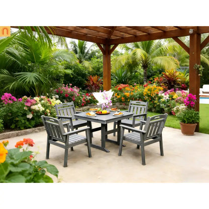 Outdoor Dining Set HDPE Gray Square Umbrella Hole 5 Piece Seats 4