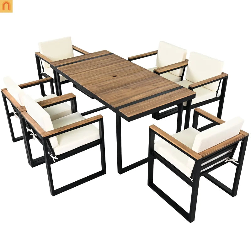 Outdoor Dining Set Acacia Wood Steel Beige Cushion 7 Piece Umbrella Hole
